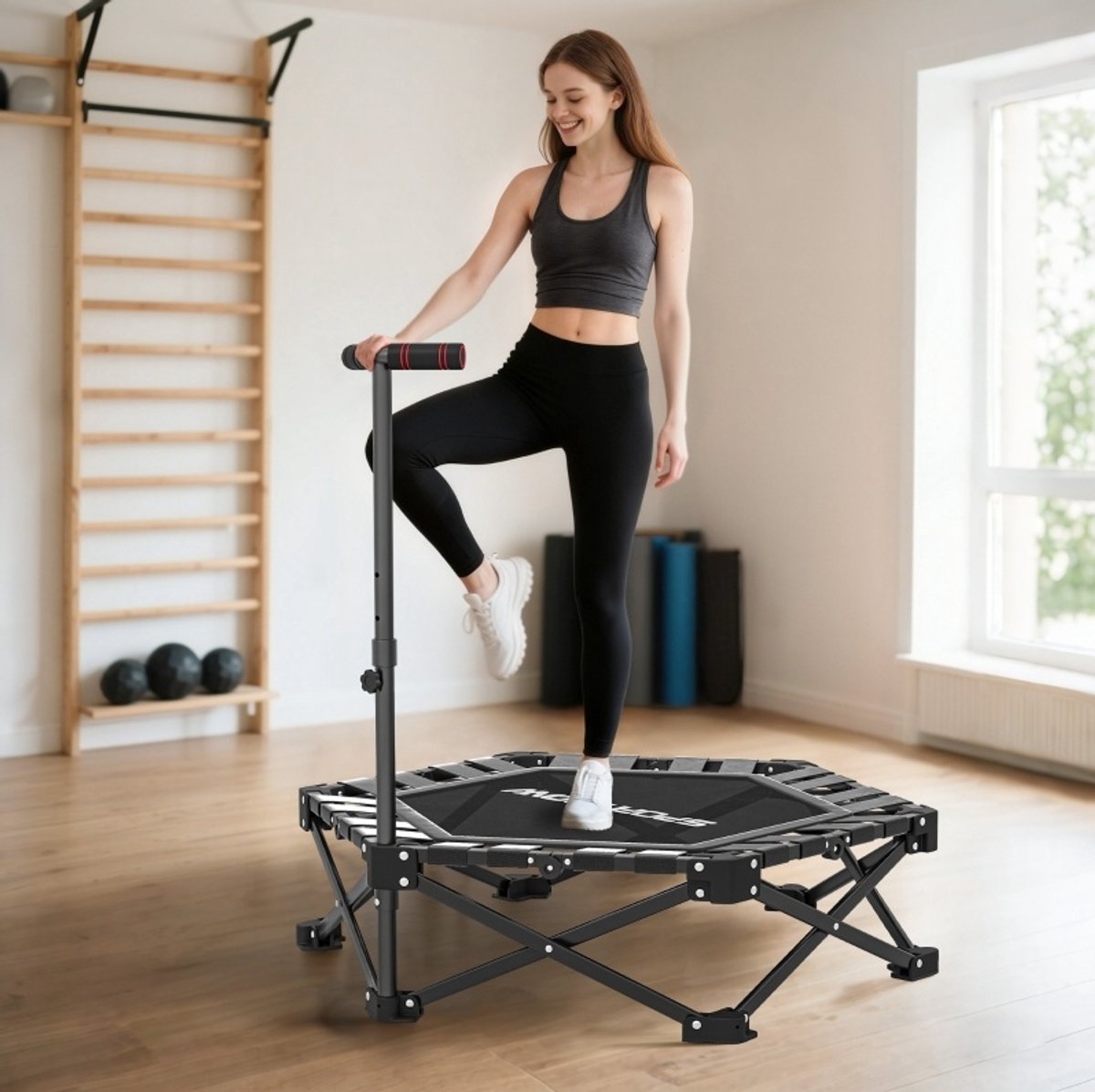 COVREO Fitness-trampoline 104 x 104 x 114 cm zwart staal kunststof - verstelbare T-greep - opvouwbaar
