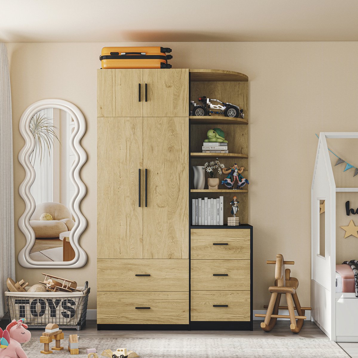 DESMIU Kledingkast Met Vijf Lades En Kledingstang - Vitrine En Opbergkast Voor Slaapkamer Woonkamer En Kantoor - MDF - Naturel Zwart - 110x40x186 Cm