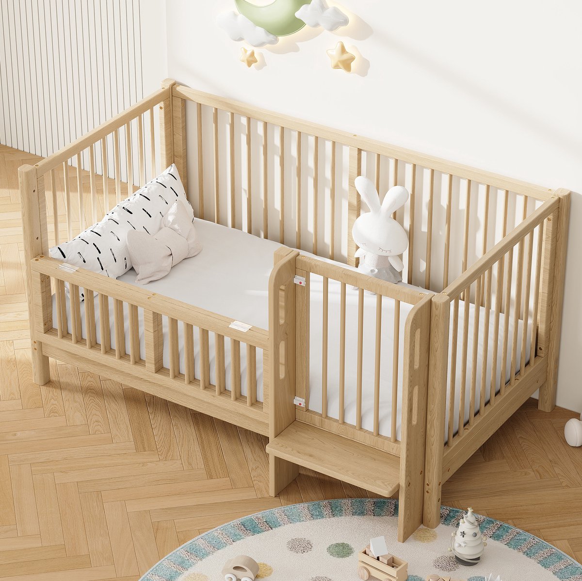 MODENUIT Babybed Multifunctioneel Omwandelbaar 140 x 70 cm Hout Natuurlijk Met Veiligheidsdeur Voor Babykamer Natural