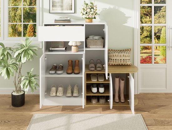 DESMIU Schoenenkast Met Zitbank En Opbergruimte - 1 Lade 5 Deuren En Open Vak - Voor Hal En Entree - MDF - Wit En Houtlook - 130x35x110,5 Cm — afbeelding 5