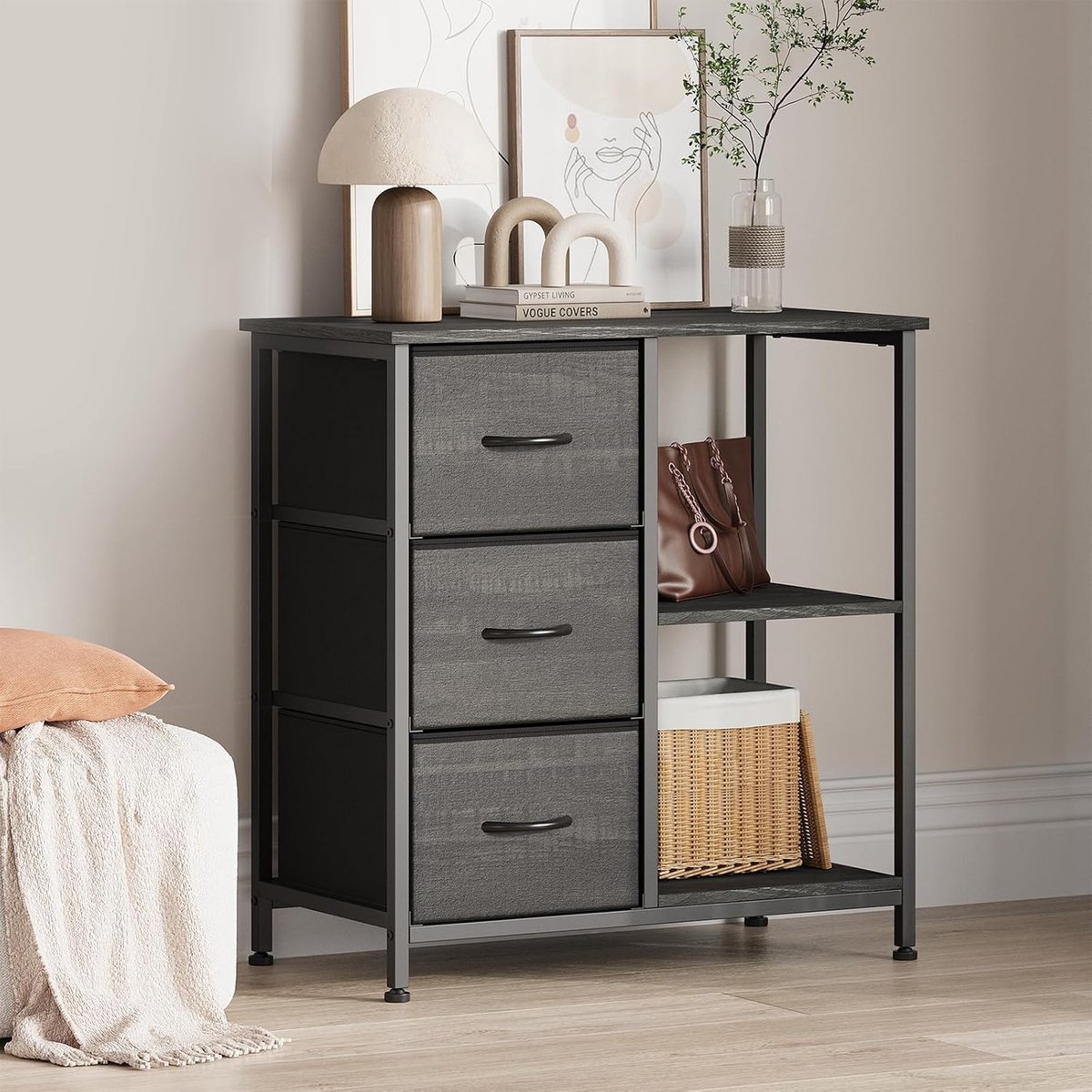 Printerstandaard met 3 Laden - Bureaukastje met 2 Open Opbergplanken - Multifunctionele Archiefkast - Industrieel Design - Houtlook & Metaal - 80 cm Hoog