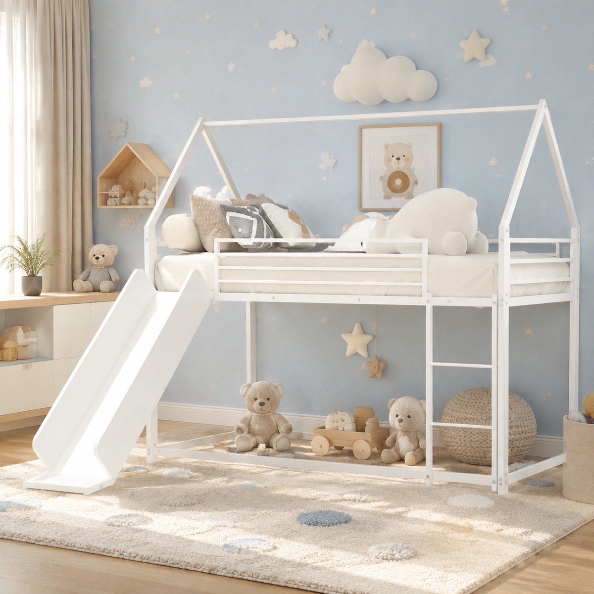 Hoogslaper – Met Glijbaan En Trap – 90 X 190 Cm – Metaal – Wit – Kinderbed Met Huisvormig Bedframe