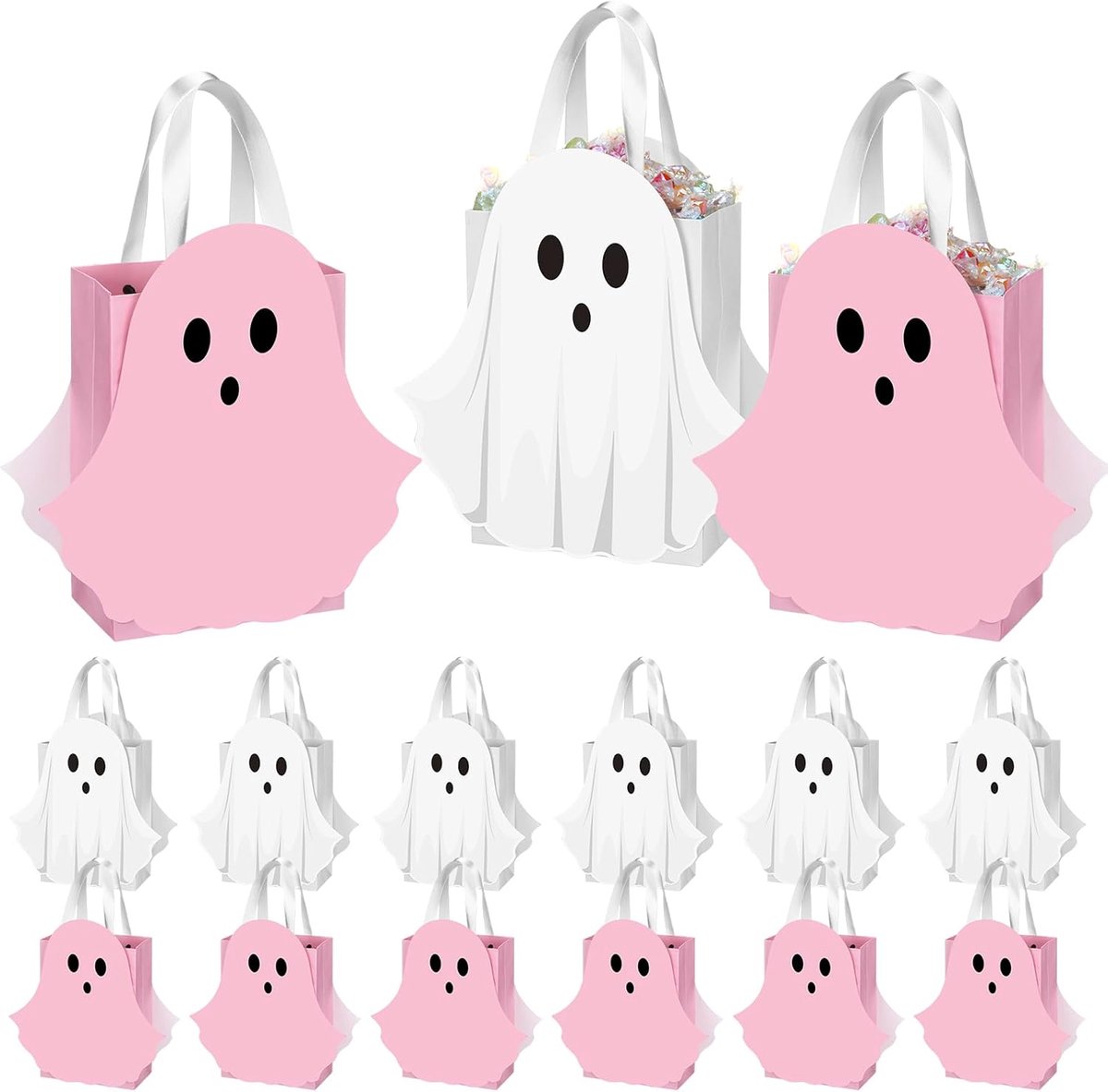 Halloween Spook Cadeauzakjes - 12 Stuks Met Handvat - Roze en Wit - Papieren Feesttasjes - Geschikt voor Traktaties en Cadeautjes - Herbruikbaar en Stevig - Vrolijk Ontwerp - Voor Kinderfeestjes - Decoratieve Verpakkingsaccessoires