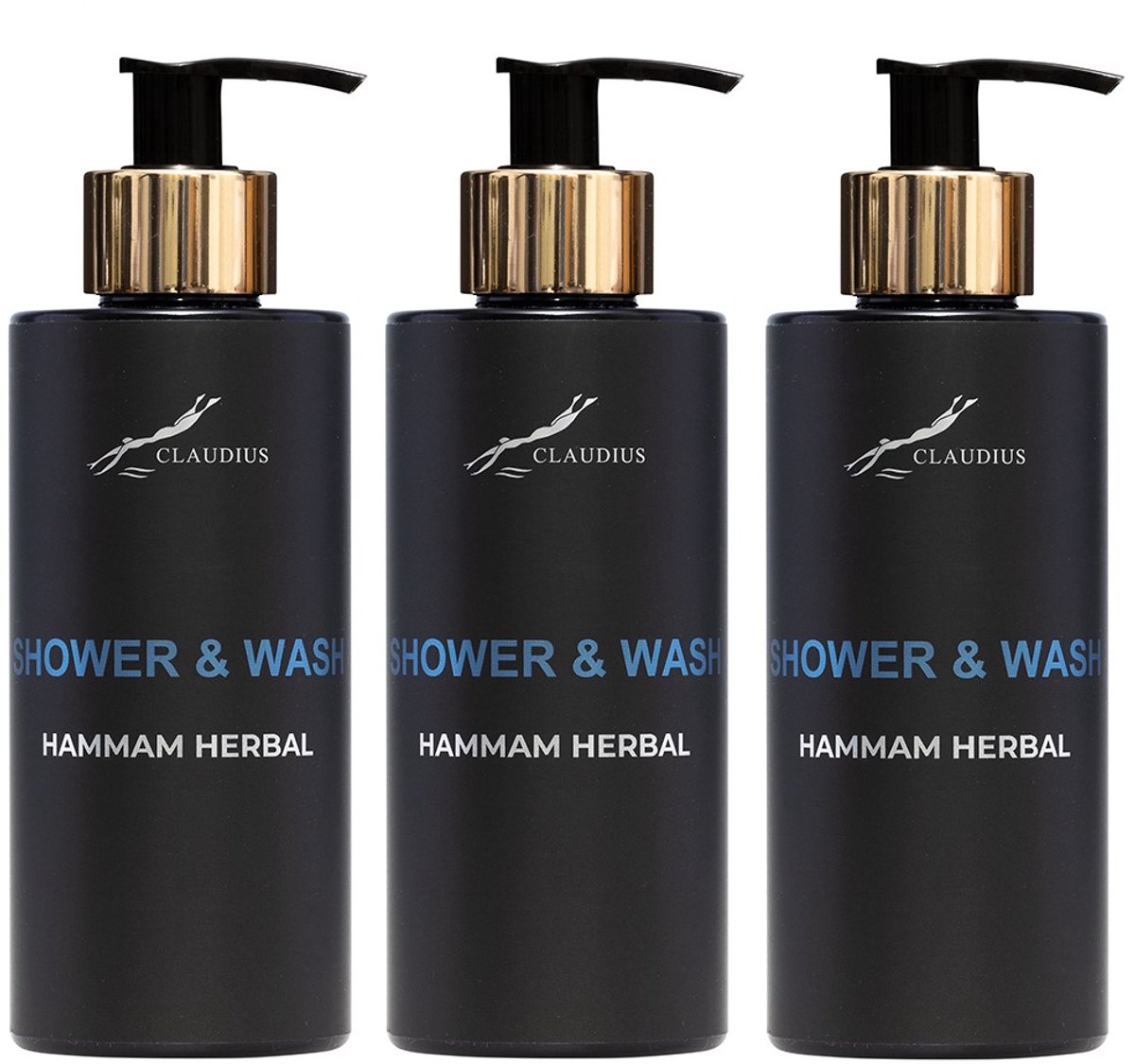 Shower & Wash Hammam Herbal 300 ml - met gouden pomp - zwarte fles - set van 3 stuks - Voordeelverpakking