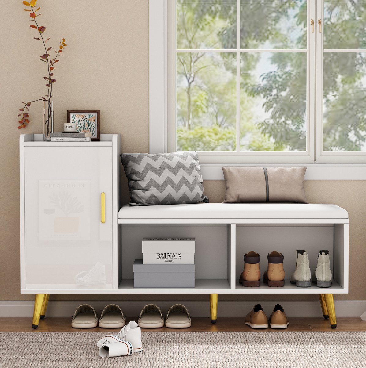 DESMIU Schoenenkast - Hoogglans Schoenbank Met Zitkussen En Verstelbare Planken - Voor Hal En Entree - Spaanplaat - Wit - 120x35x71,5 Cm