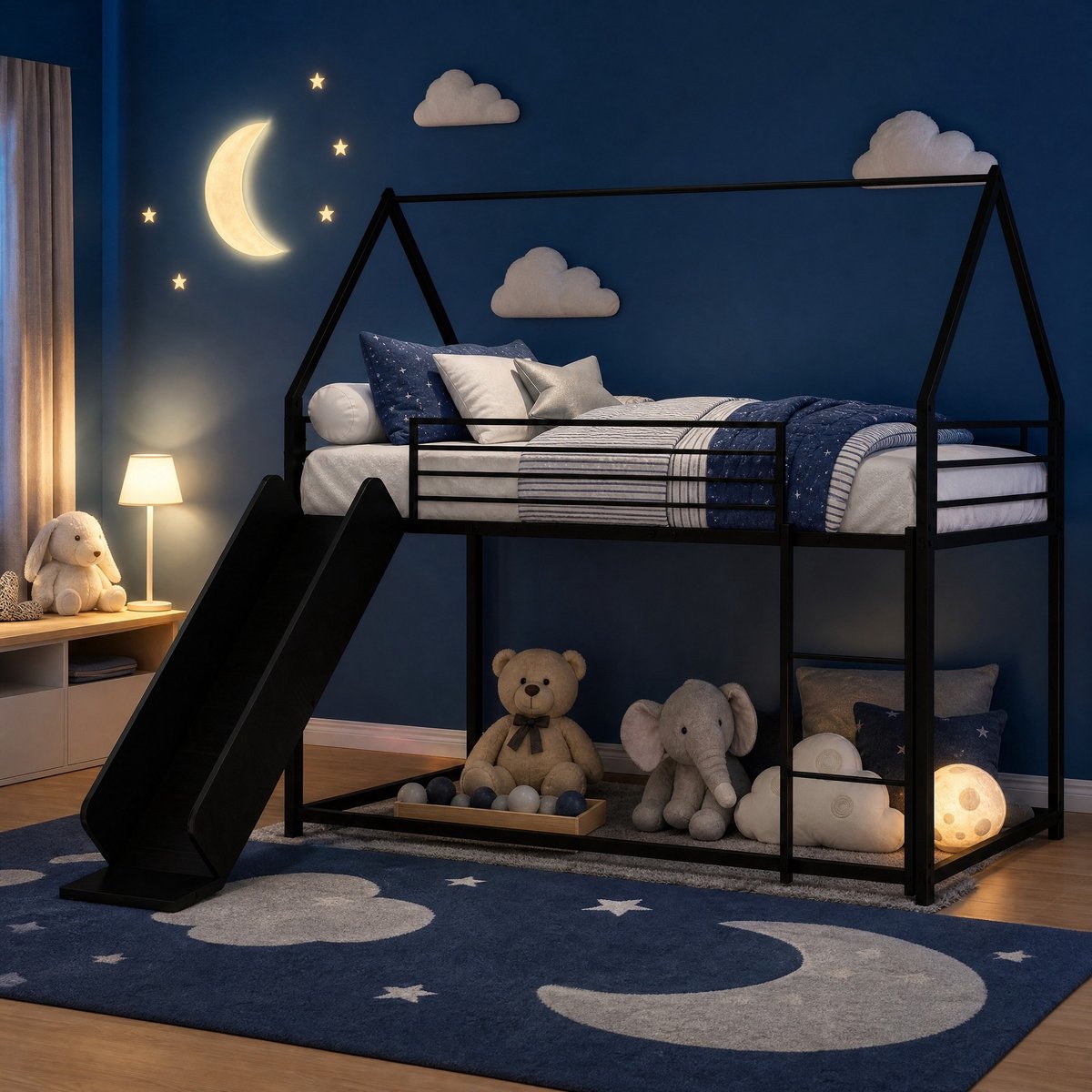 Stapelbed Huis Met Glijbaan En Ladder 90x190 Cm Metaal Zwart Kinderbed