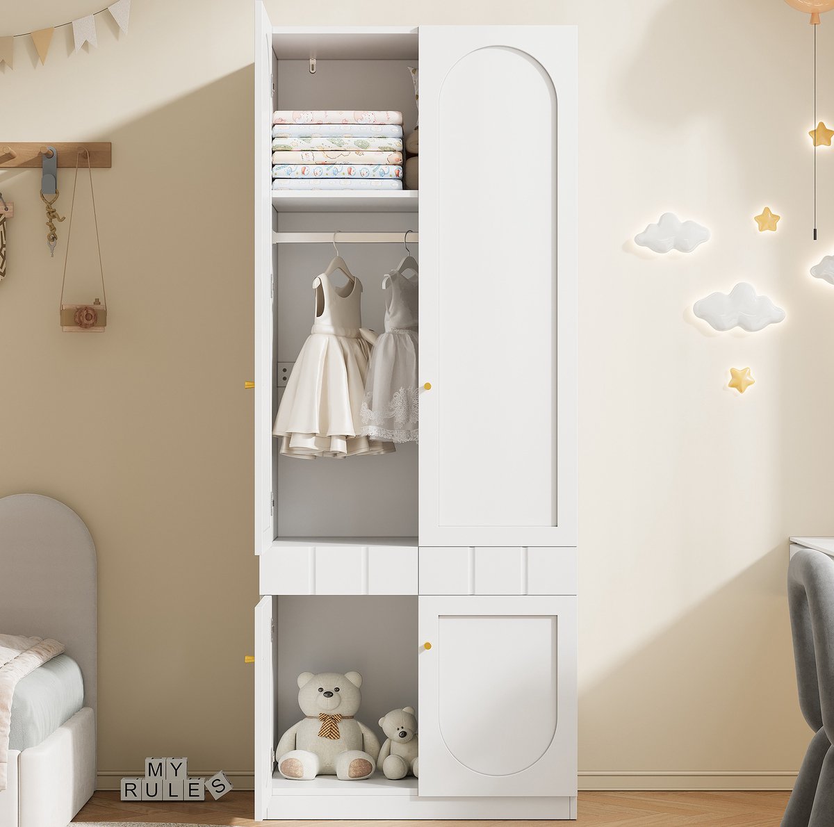 DESMIU Kledingkast - 2-Deurs Kast Met Kledingstang En Druklades - Voor Slaapkamer En Kinderkamer - MDF - 80x50x200 Cm - Wit
