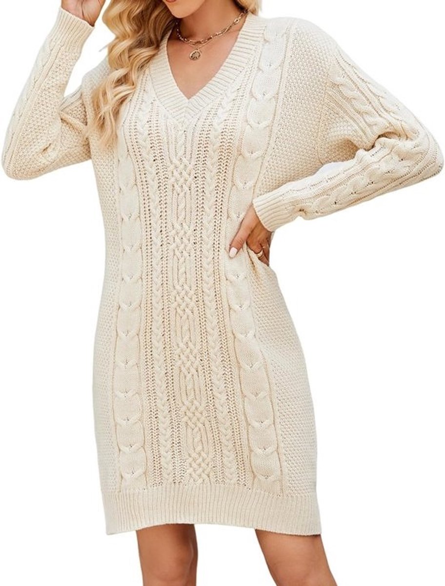 Elegante V-hals gebreide jurk voor dames met lange mouwen - Perfect voor herfst en winter