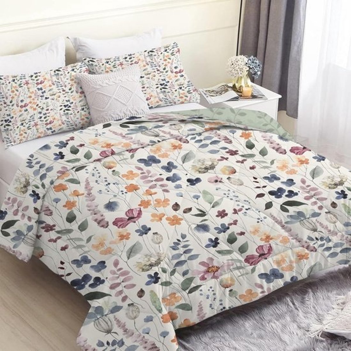 Omkeerbaar Eenpersoons Dekbed 135x200 cm 7.5 TOG - Anti-Allergie All-Season Deken met Groene Takken Print