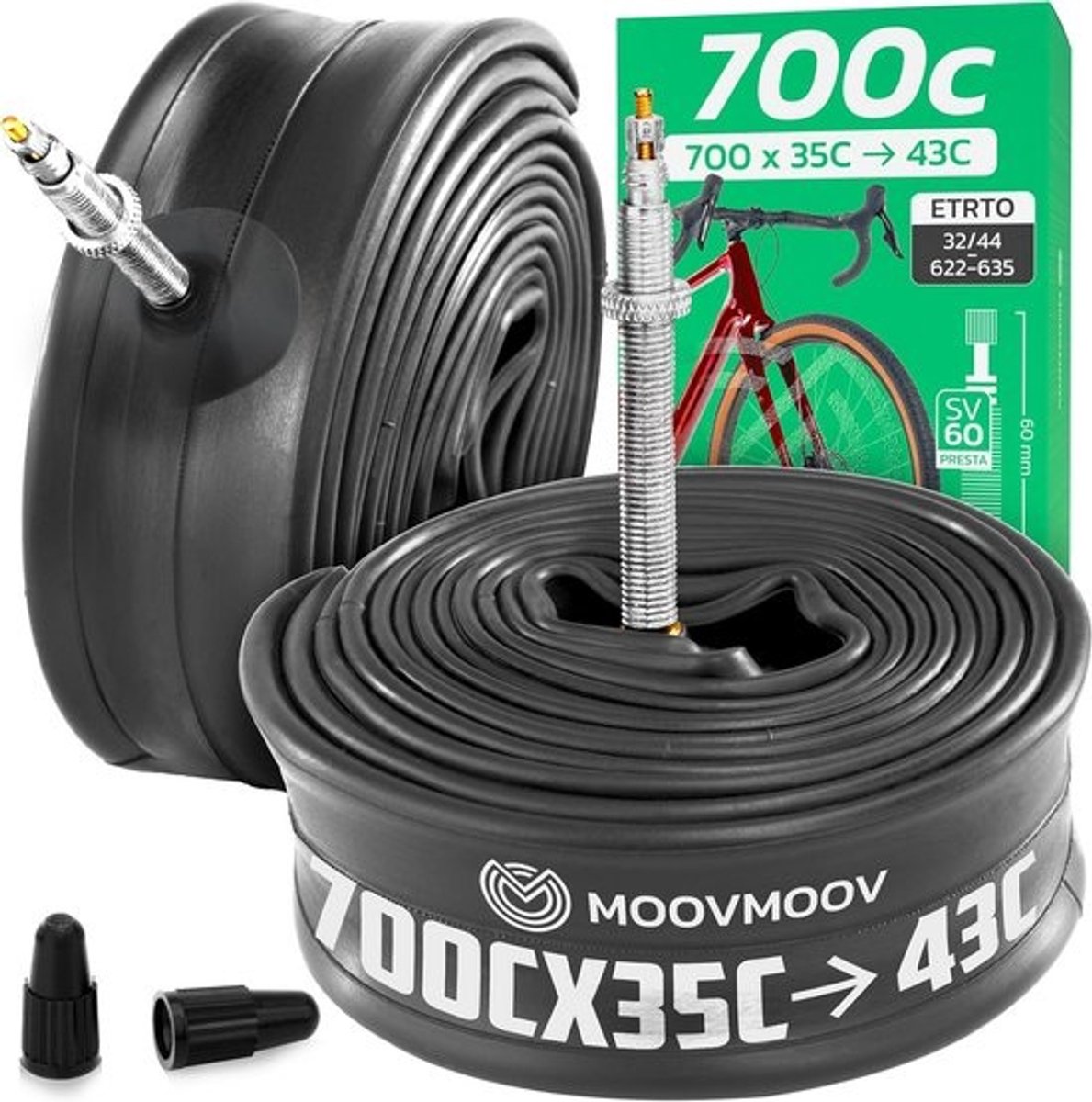 MOOVMOOV Binnenband 700 - Voor banden 700x35C, 700x36C, 700x37C, 700x38C, 700x40C, 700x42C en 700x43C - ETRTO 35-622 tot 44-622 - Presta ventiel 60 mm - Set van 2 - Racefiets en gravelbike