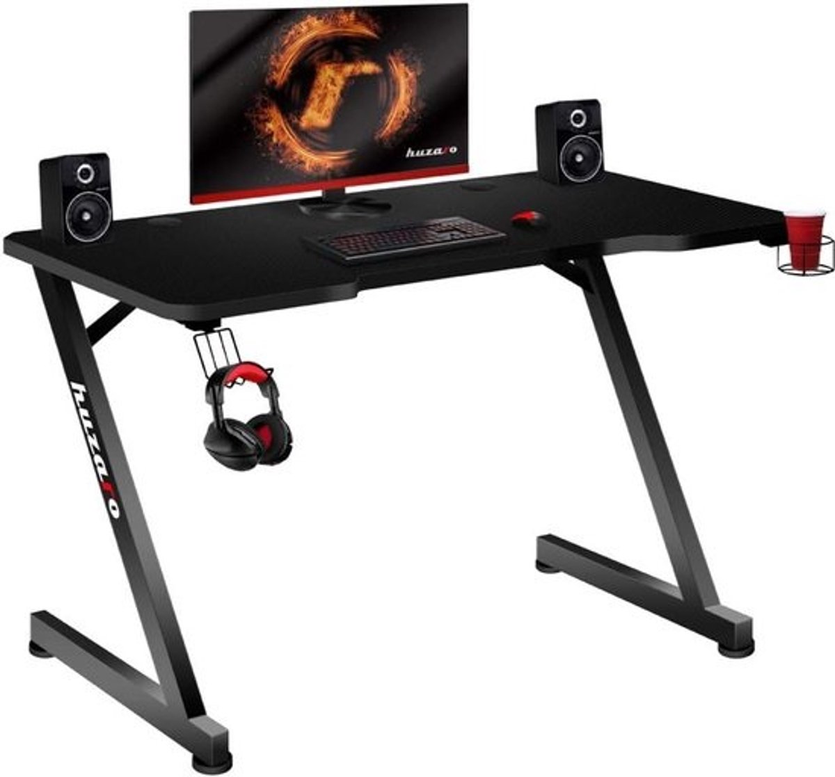 Gaming Bureau 120 x 60 cm, Carbon Tafelblad, Koptelefoonhouder, Bekerhouder, Regelbaar