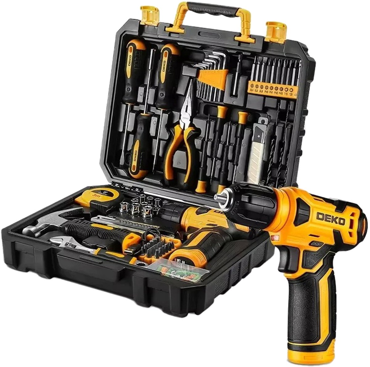 MokoHub Gereedschapskoffer gevuld - 8V Accuboormachine - Snelspanboorhouder 10mm - 3/8 - 126-delig - 26x31x10 cm - Geel