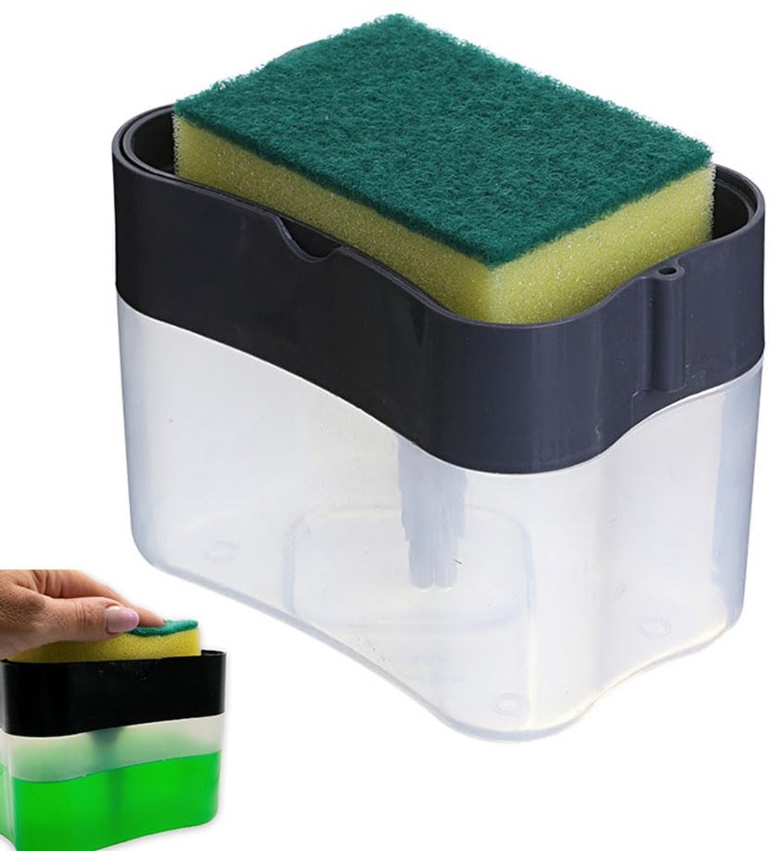 Afwasmiddeldispenser met Sponshouder - Handpomp - Inclusief Spons - Voor Keuken en Badkamer - 14 x 11 x 9 cm