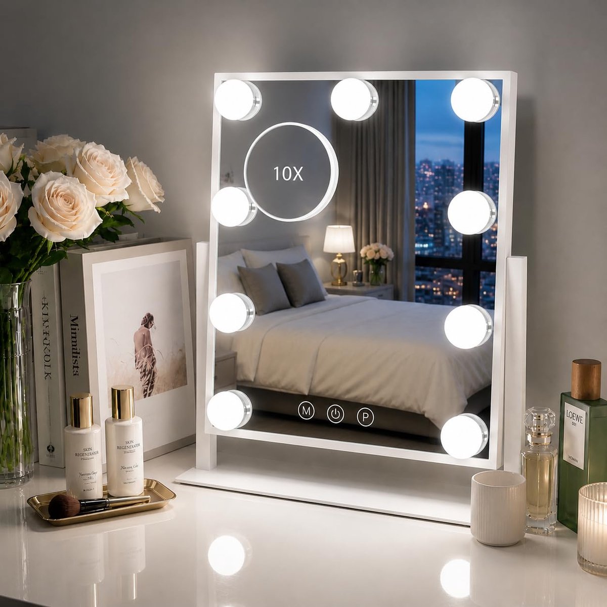 Schminkspiegel - met LED-verlichting, 3 kleurmodi, dimmer, 9 LED-lampen, touch-bediening en 360° draaibaar - voor slaapkamer - 30x36 cm wit
