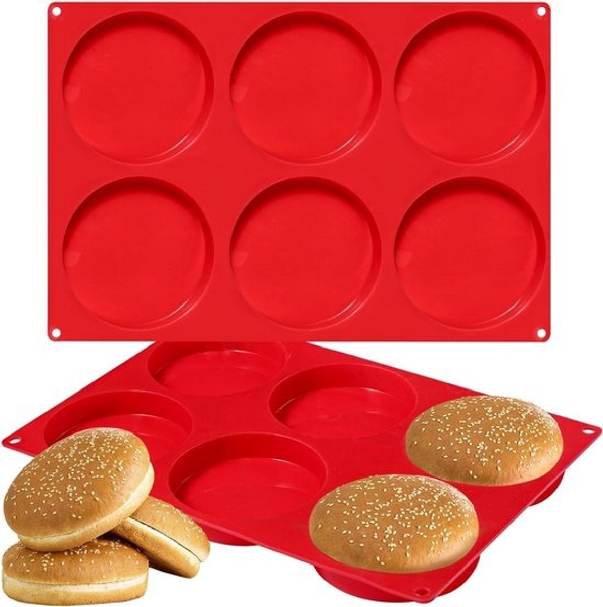 Siliconen Bakvorm Brioche Burger Broodjes - 6 Holte 10 cm - Yorkshire Pudding Tray - Grote Disc Cakevorm - Hars Onderzettervormen 33 x 222 x 2 cm - 2 stuks