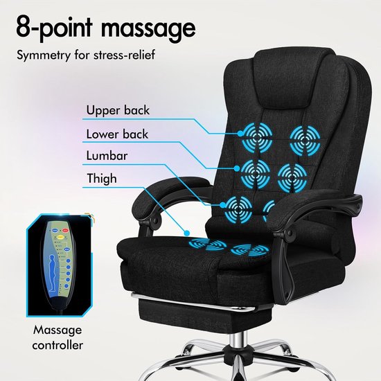 Bureaustoel Massage - Ergonomische Stoel - Ontspannen Werken - 8-Punts Massagesysteem - 180 kg Draagvermogen - Zwart — afbeelding 5