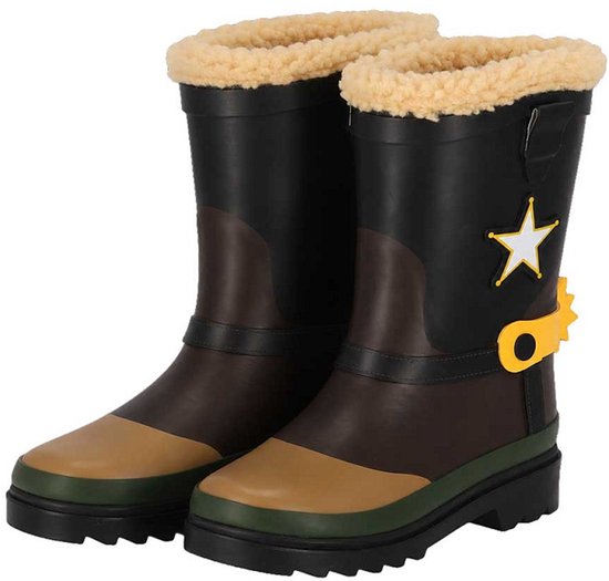 Paar bruine kinderregenlaarzen in cowboystijl met gele sporen en witte ster-details.