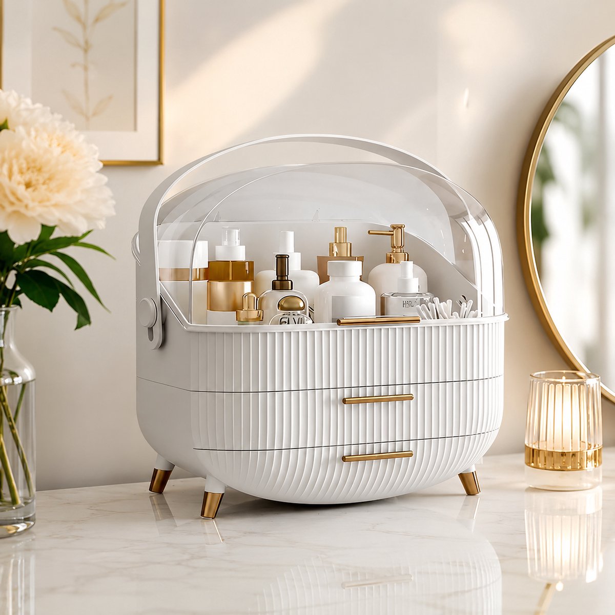 Make-up organizer met 3 lades en transparant deksel, wit met goudkleurige accenten
