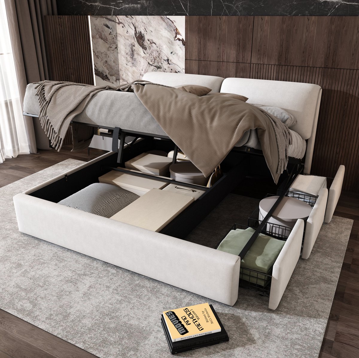 Bed – Hydraulisch Opbergsysteem Met Drie Lades – 160 x 200 cm – Stof – Beige – Met Hoofdbord En Lattenbodem