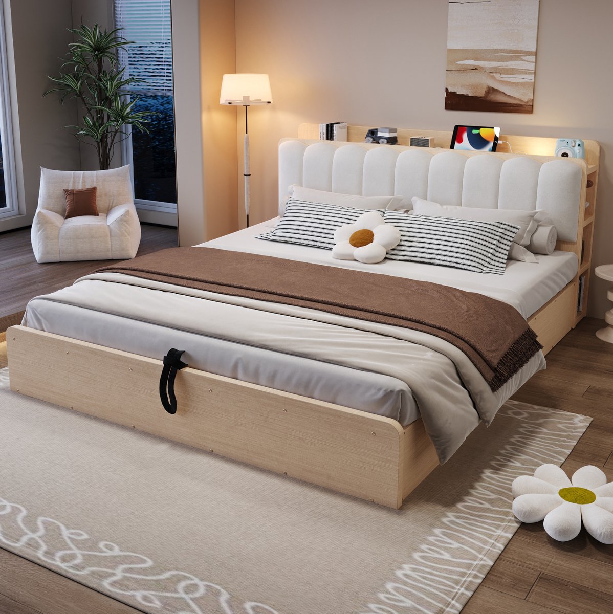 Bed – Hydraulische Opbergruimte – 180 x 200 cm – Hout MDF Stof – Natuurlijk Hout – Met USB en Verlichting