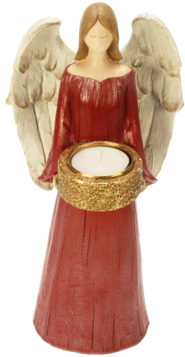 Engel met theelichhouder, rood/ goud 13x11x27cm