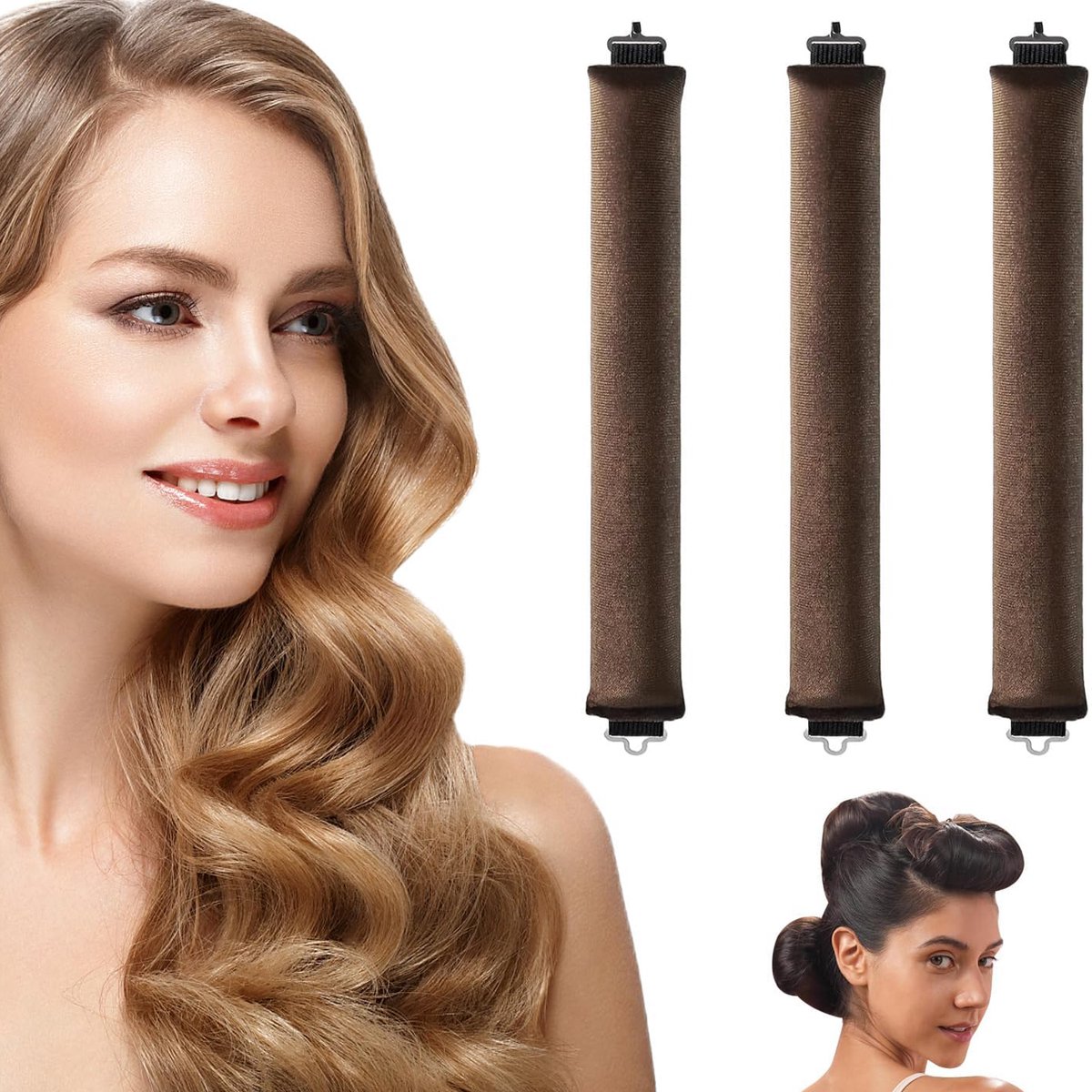 Wishdor Haarrollers zonder hitte 3 stuks - Heatless curls om mee te slapen - Flexibele krulspelden voor volume - Voor alle haartypes - Koffiebruin - L 29,5 x B 3,5 x H 3,5 cm