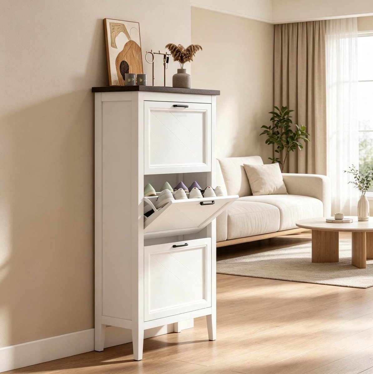 DESMIU Schoenenkast - Smal Ontwerp Met 3 Kleppen En Verstelbare Planken - Voor Hal En Gang - MDF - Wit - 60x26,5x133,7 Cm