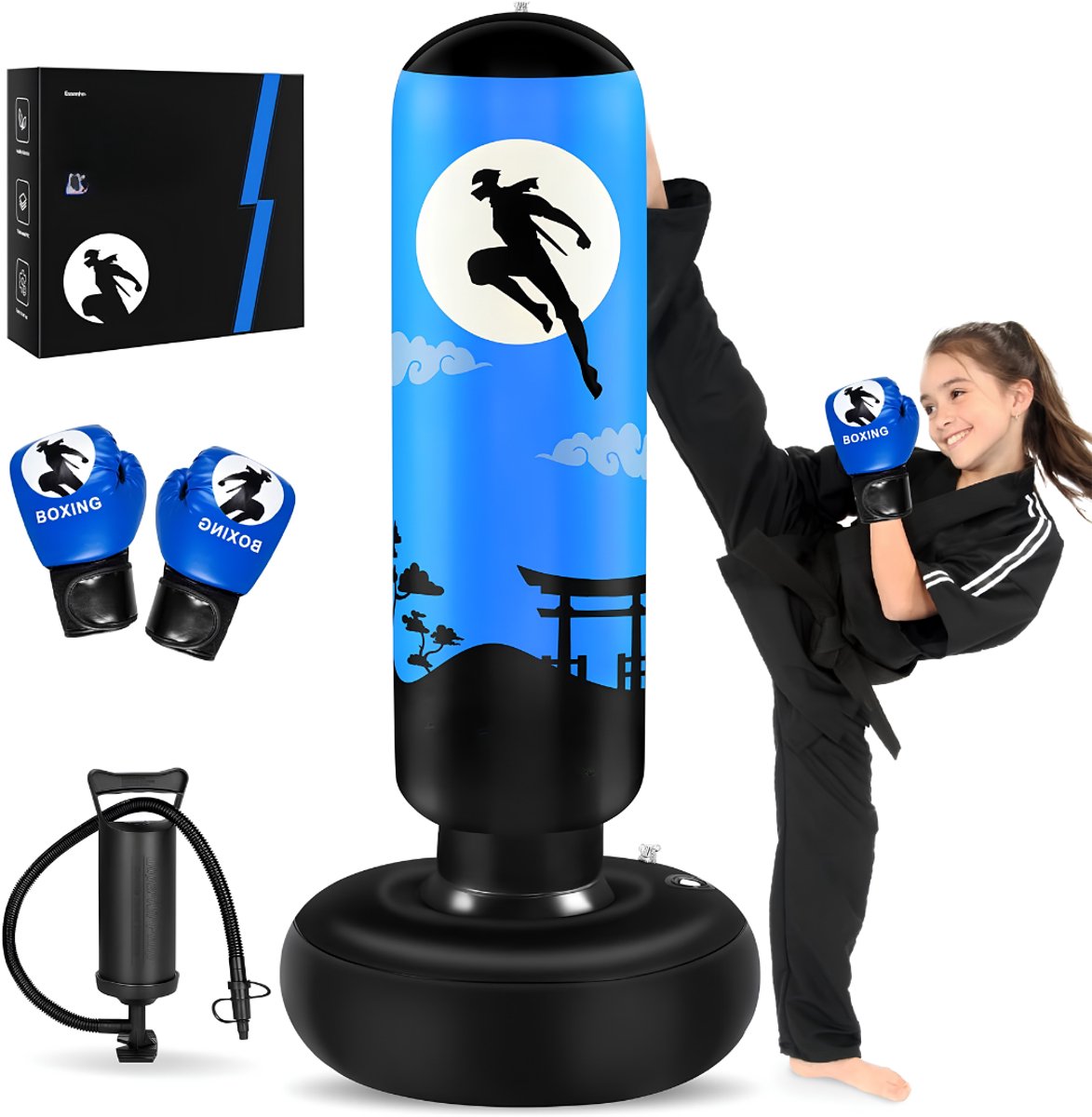 KIRA® Bokspaal - Bokspaal Kinderen - Opblaasbare Bokszak - Staande Bokszak - Blauw/Zwart - 75cm x 75cm x 168cm