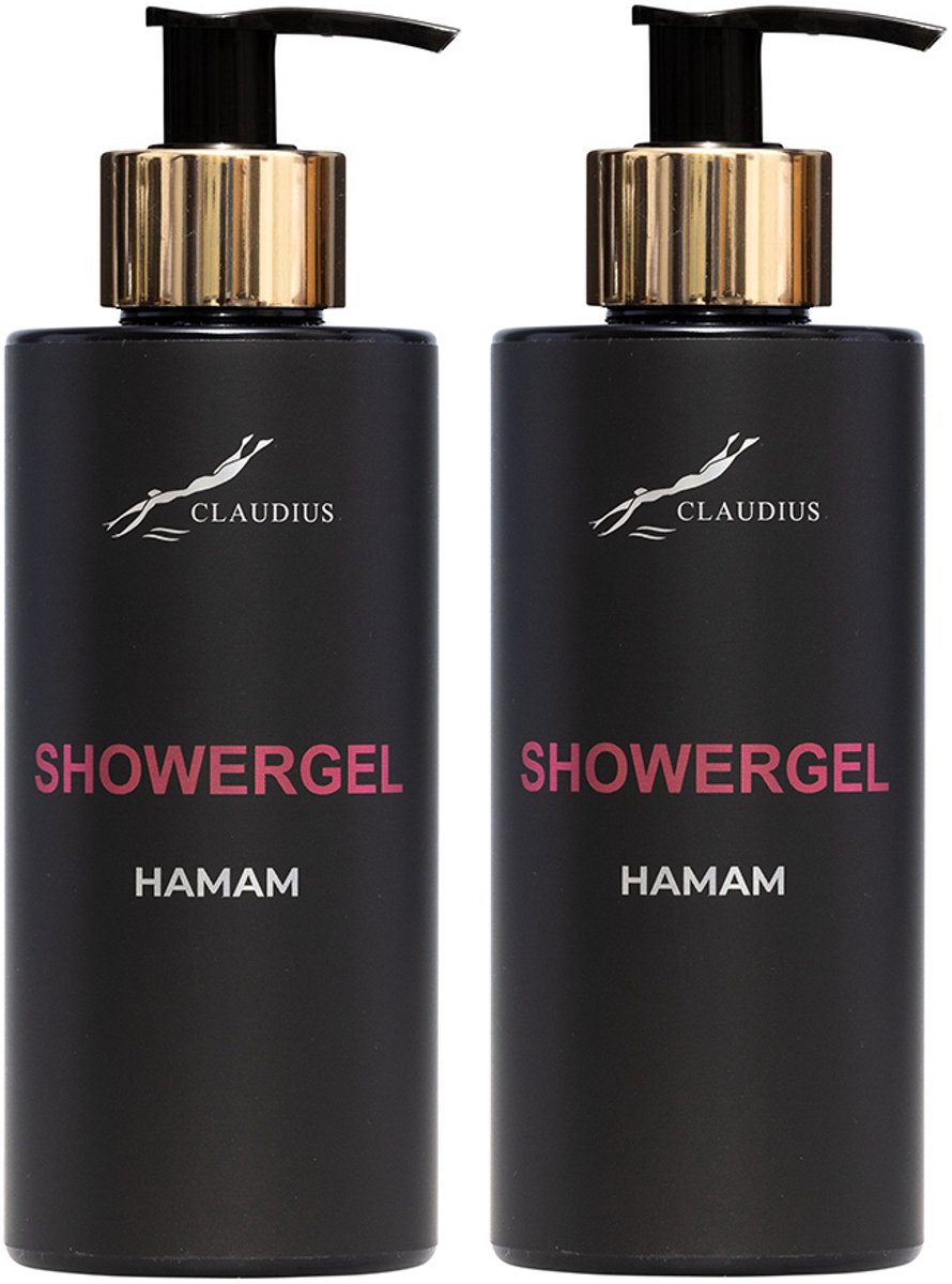 Showergel Hamam 300 ml - met gouden pomp - zwarte fles - set van 2 stuks - Voordeelverpakking