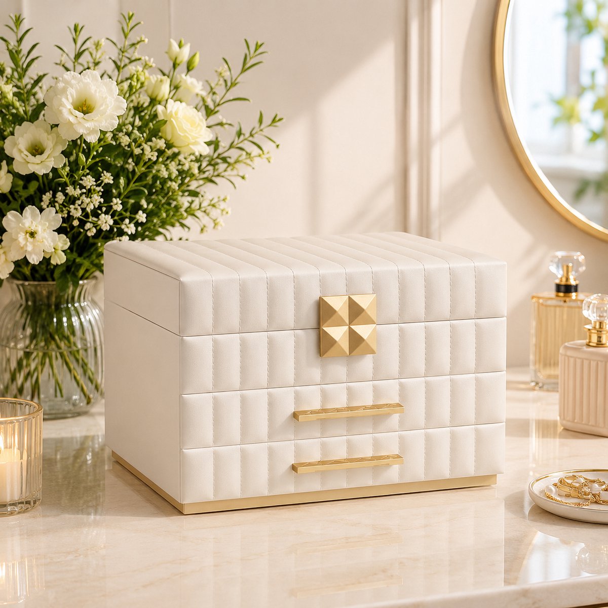 Sieradendoos met Spiegel en 2 Laden - 3-Lade Organizer - Wit met Goud - Kunstleer