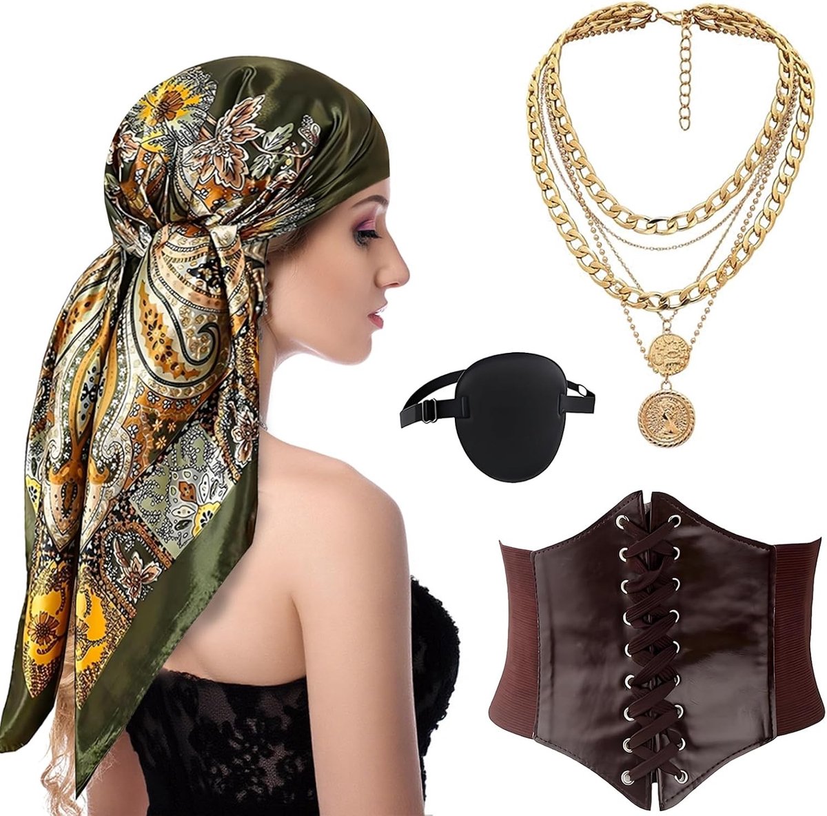 Vrouwelijk Piratenkostuum met 4 Stuks Accessoires, Hoofddoek, Korset, Ooglapje en Ketting voor Halloween en Carnaval