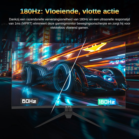 Een futuristische auto op een 180Hz gamingmonitor naast een 60Hz beeld.