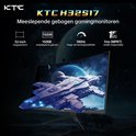 Een gebogen KTC H32S17 gamingmonitor met een ruimteschip, specificaties 32-inch, 1500R, 180Hz, 1ms.
