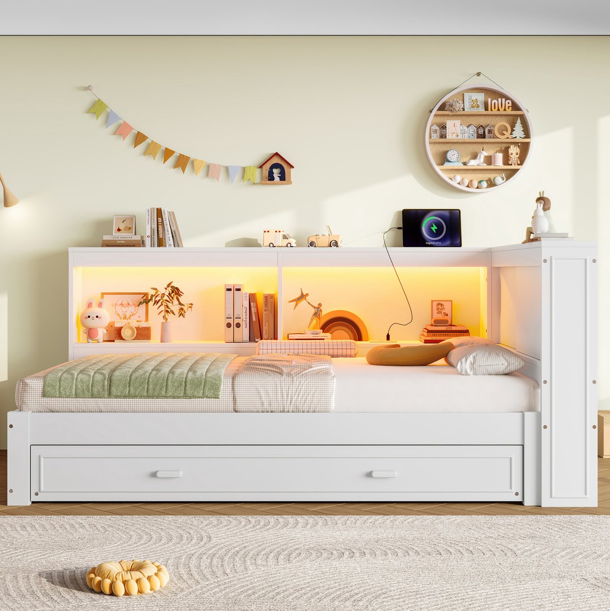 REDOM - Bedbank - Uitziehbaar bed - LED-verlichting - Met stopcontact, USB en Type-C - Moderne stijl - Slaapkamer, woonkamer - Hout, MDF, Spaanplaat - Wit - 223 x 115 x 80 cm