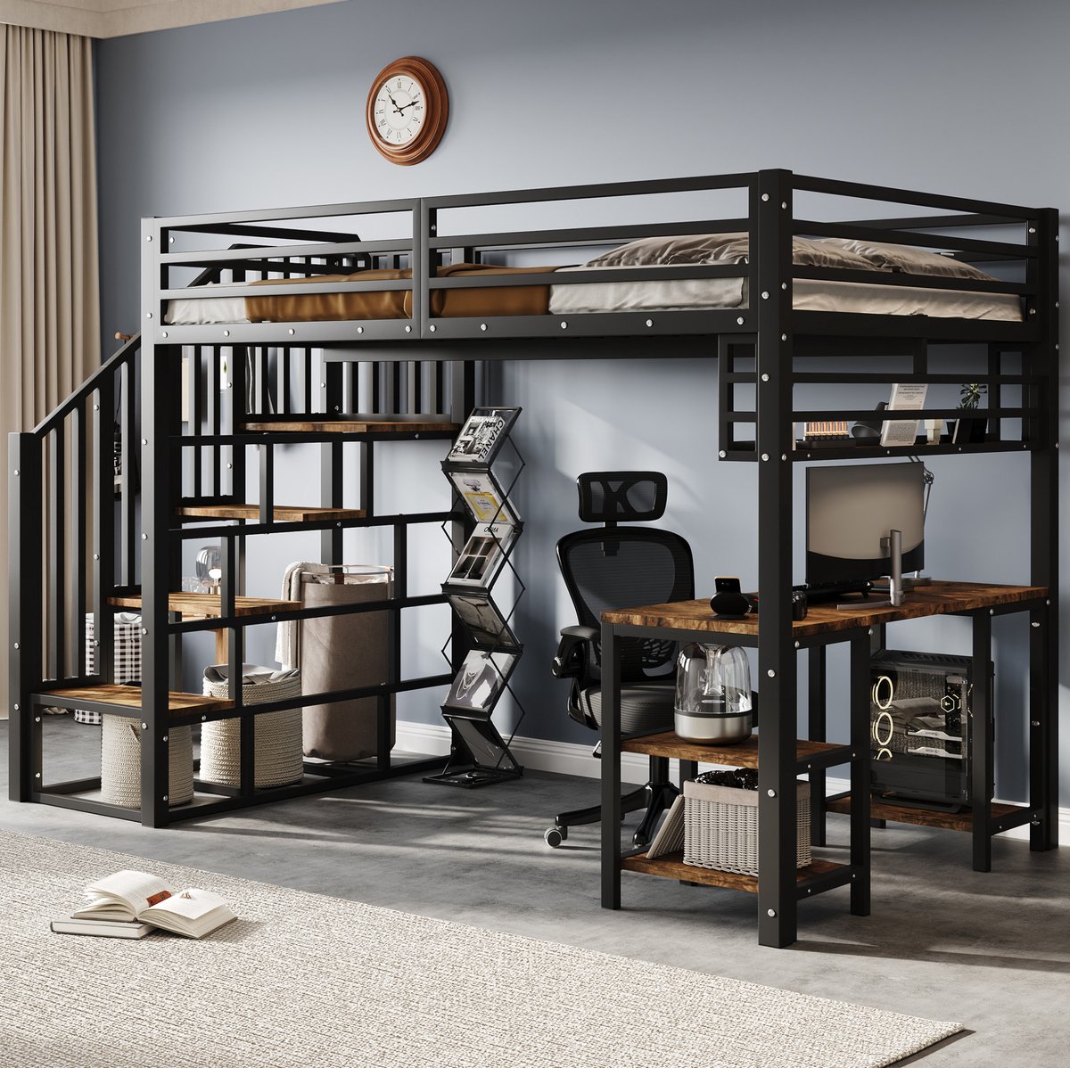 REDOM - Hoogslaper - Geïntegreerd bureau - Trap met handgrepen - Opbergrek - Metaal en spaanplaat - Zwart en donker walnoot - 257 x 124 x 160 cm