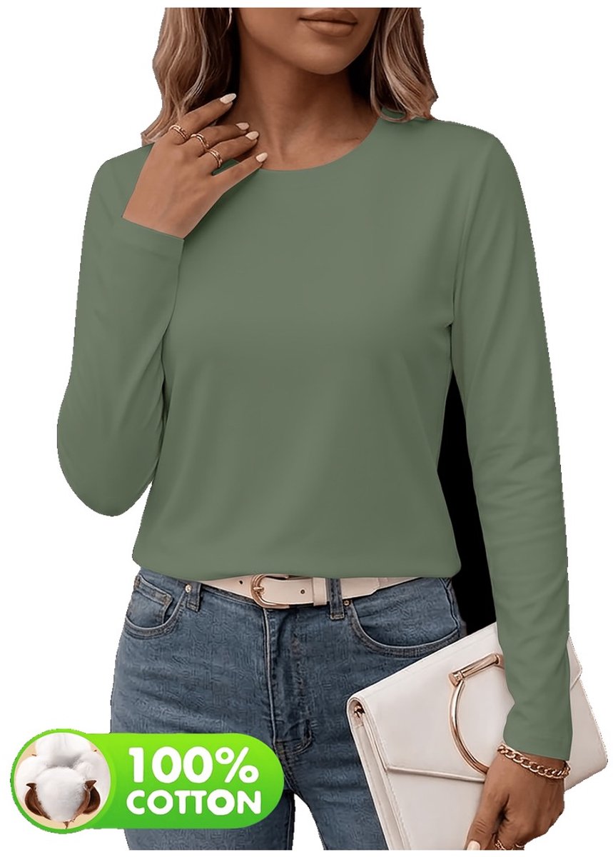 Currero Longsleeve Dames Oversized Lange Mouwen Shirt Roundneck Vrouwen Kleding T-Shirt Groen