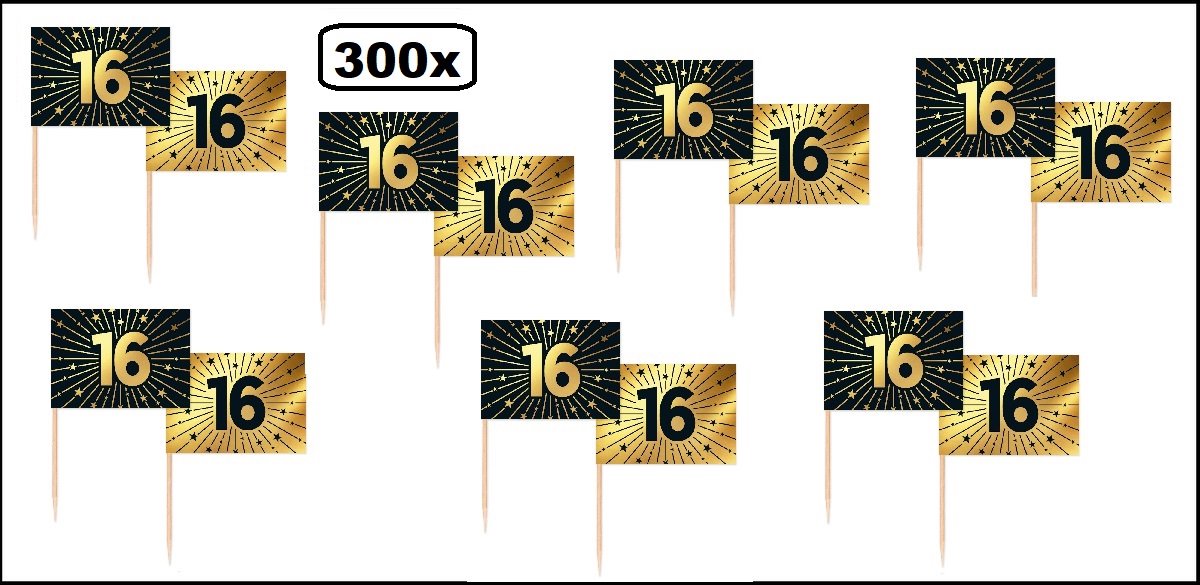 300 stuks Luxe Cocktailprikkers 16 jaar goud/zwart - Vlag prikker Jubileum verjaardag thema feest bruiloft cocktail prikker