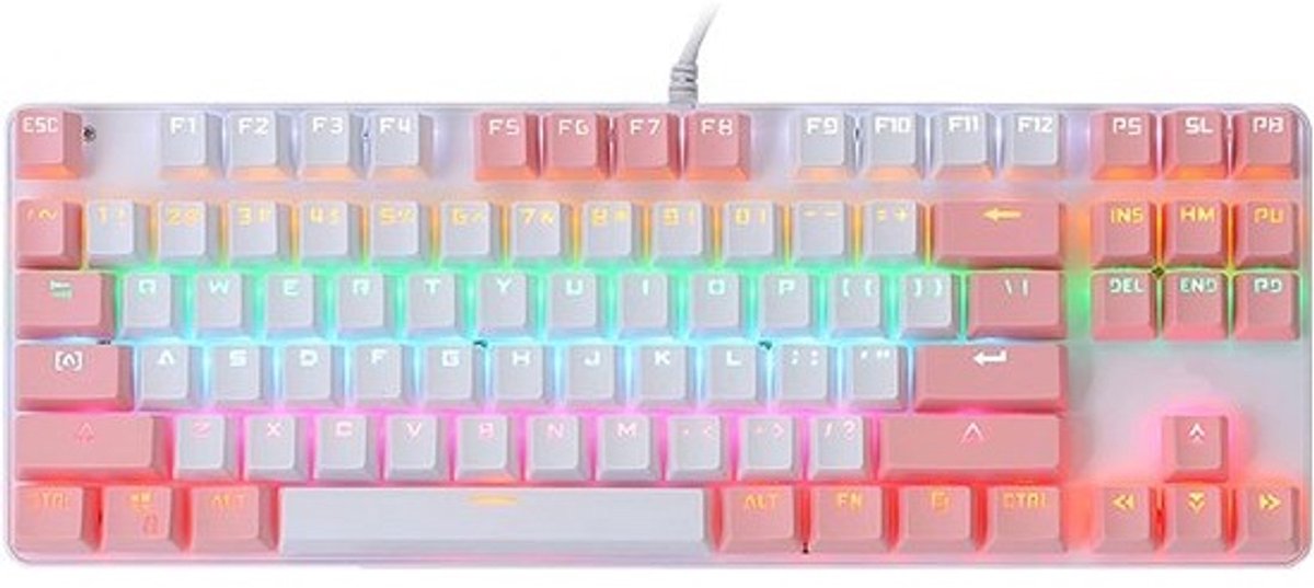 Mechanisch Toetsenbord 87 Toetsen met RGB Verlichting - K100 Ergonomisch Gaming & Kantoormodel voor Desktop & Laptop (Bekabeld USB) - Stijl: Roze met Wit