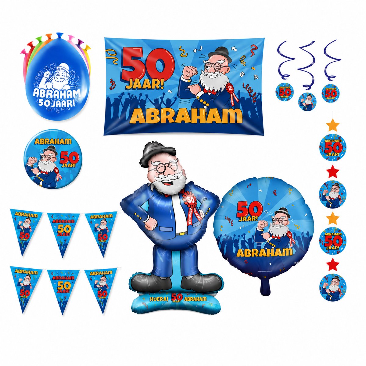 50 jaar verjaardag -ABRAHAM - versiering pakket - opblaasbare Abraham pop - gevelvlag - vlaggenlijn (2x) - ballonnen - button - 17 delige feestset decoratie
