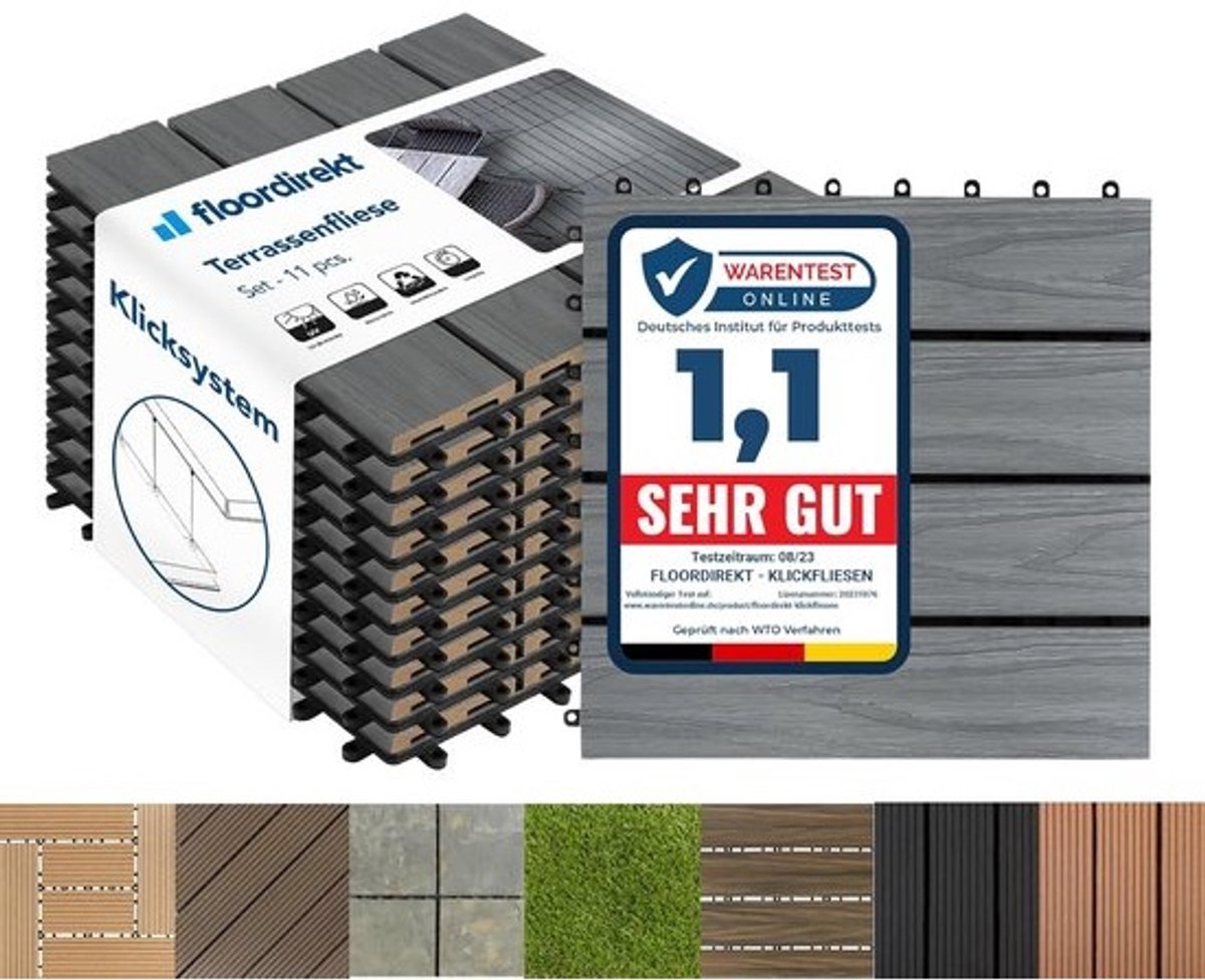 WPC Tegels 30x30 cm - 1m² = 11 Terrastegels, Kliktavels, Balkontegels in Houtlook - Vloerbedekking voor Balkon en Terras, Weerbestendig, met Drainagefunctie, Classic Grey