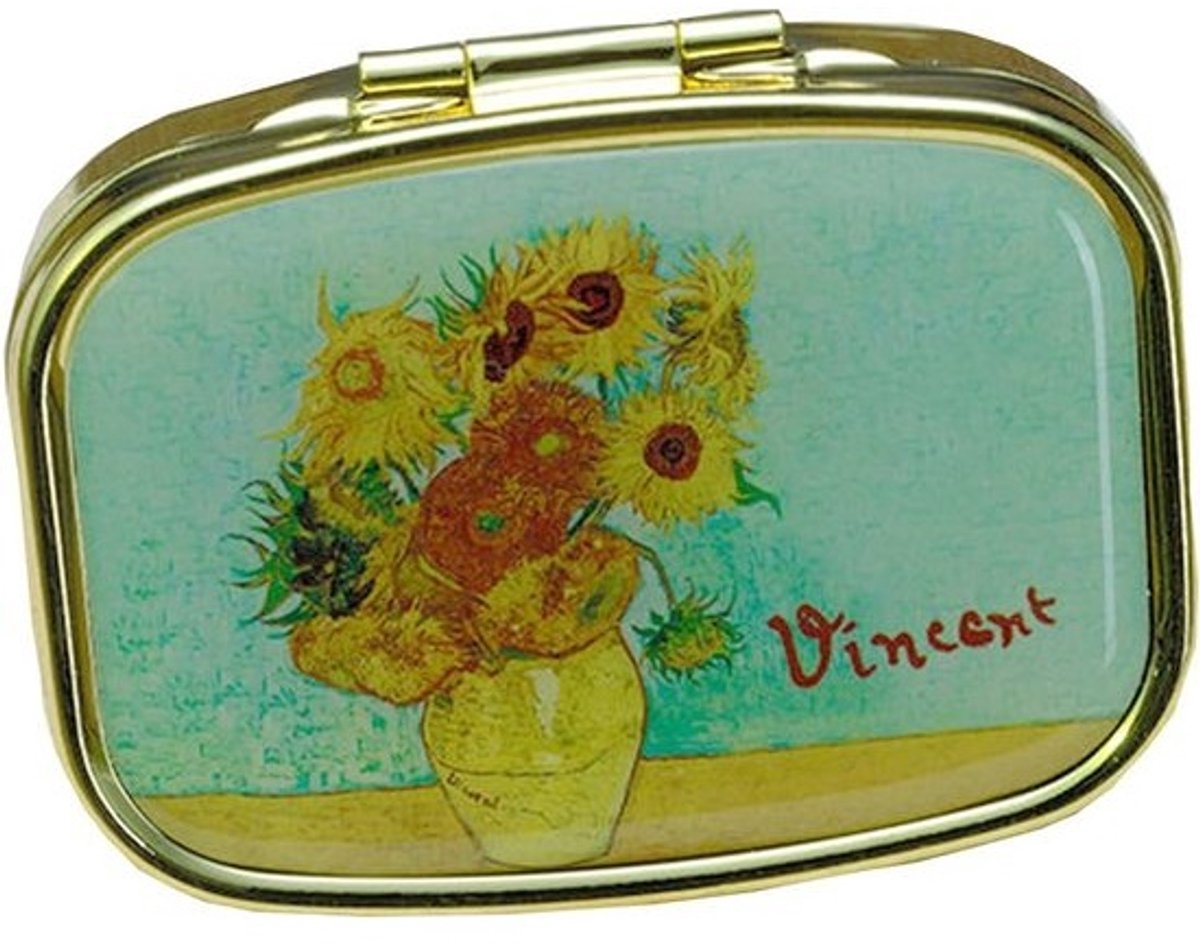Kleurrijke metalen pillendoos met Zonnebloemen-ontwerp, 5,1 cm doorsnee