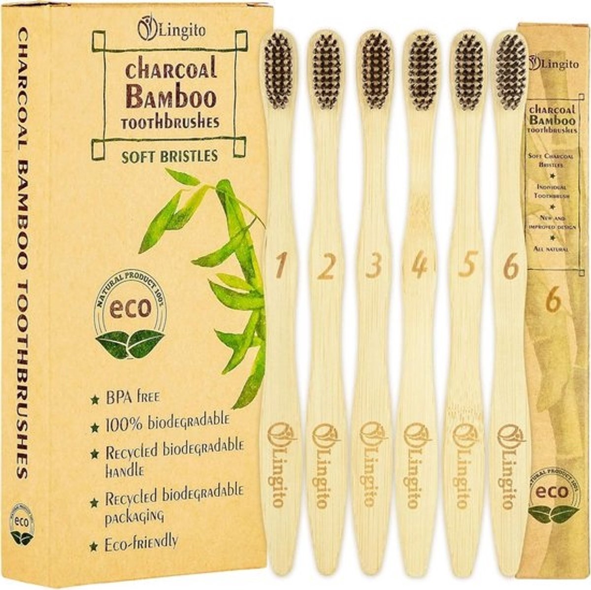 Lingito 6-Pack Bamboe Tandemborstels Met Houtskool - BPA-vrij & Composteerbaar