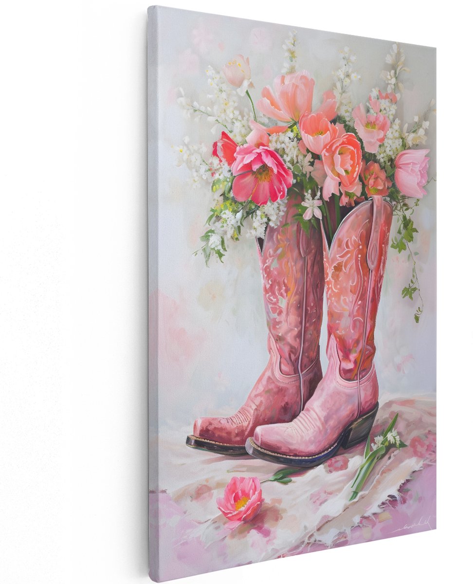 Artaza Canvas Schilderij Cowboylaarzen - 120x180 cm - Groot - Wanddecoratie Bloemen - Muurdecoratie Roze - Decoratie Boeket Slaapkamer