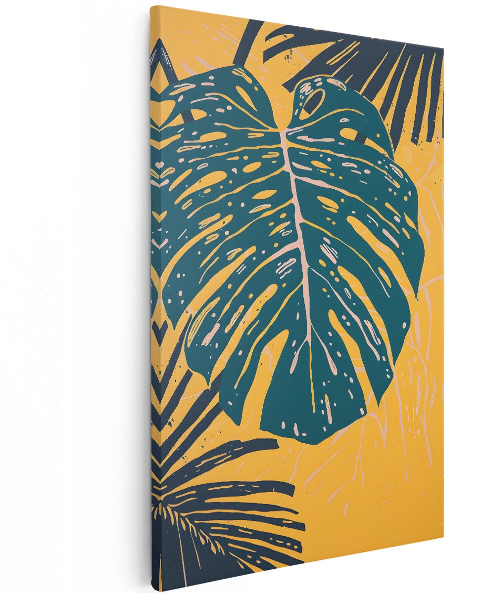 Artaza Canvas Schilderij Monstera - 120x180 cm - Groot - Wanddecoratie Jungle - Muurdecoratie Botanisch - Tropische Bladeren - Geel