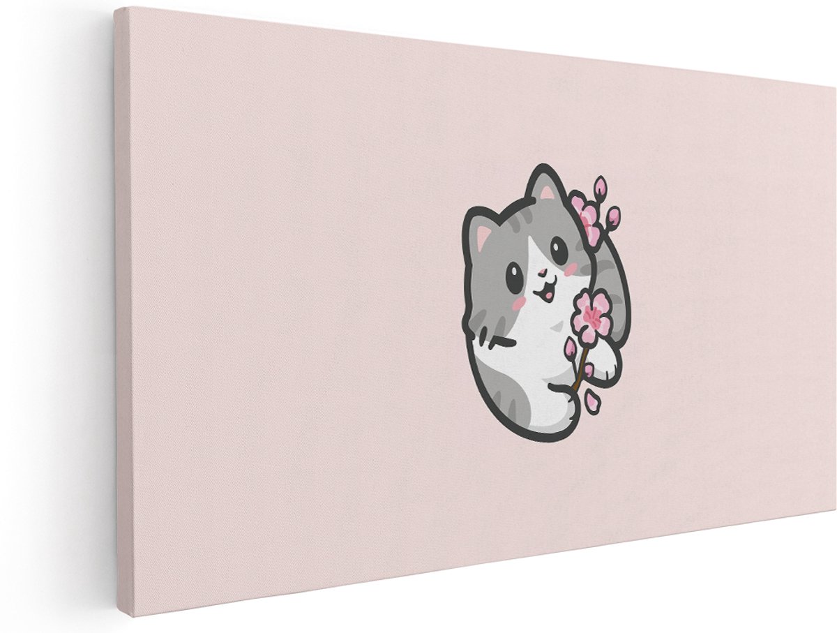 Artaza Canvas Schilderij Schattige Kitten - 140x70 cm - Groot - Wanddecoratie Bloesem - Muurdecoratie Kinderkamer - Schilderijen Op Canvas Roze