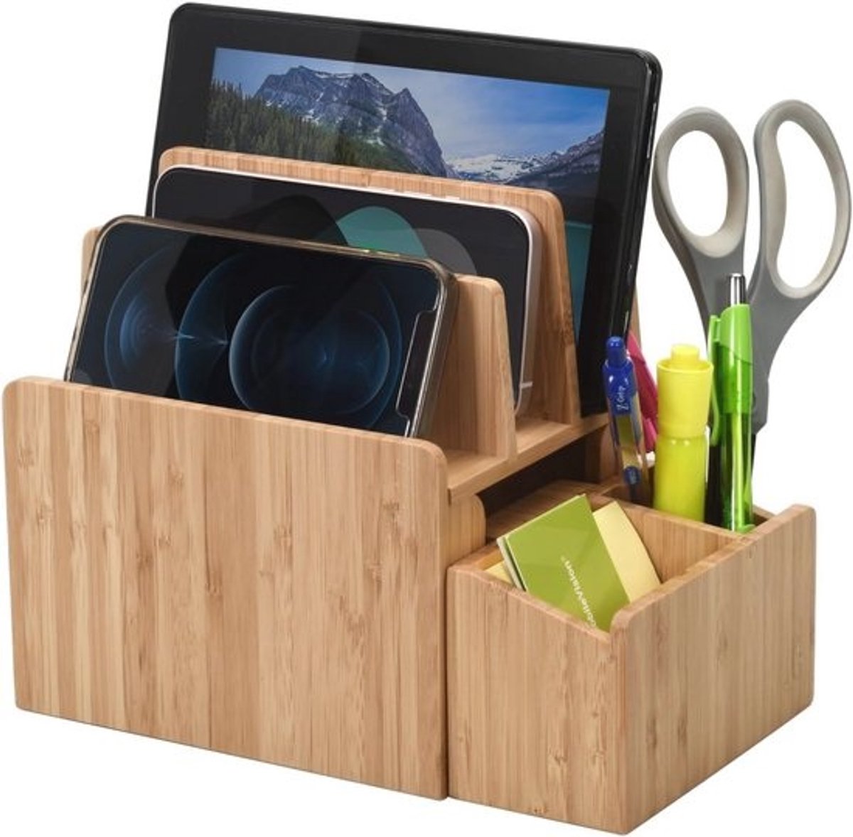 Bamboe Laadstation met Uitbreidingscompartiment voor Smartphones, Tablets en Laptops