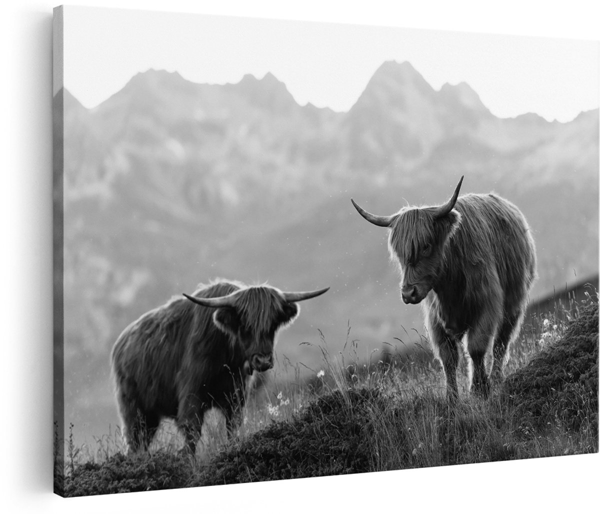 Artaza Canvas Schilderij Twee Schotse Hooglanders in de Bergen - Zwart Wit - 150x100 cm - Groot - Foto Op Canvas - Wanddecoratie