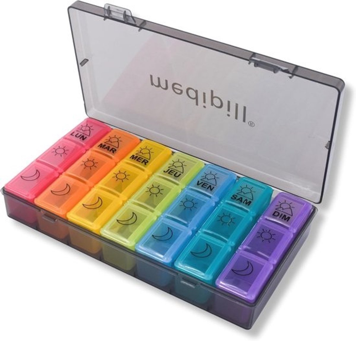 Franse weekplanner met 3 stopcontacten voor medicatie | 7 dagen indeling | Grote pillendoos met 21 vakken | Zwart met regenboogdesign