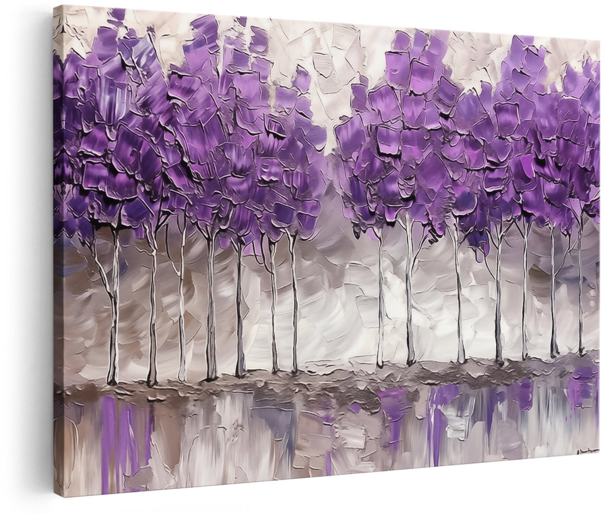Artaza Canvas Schilderij Paarse Bomen op een Witte Achtergrond - 150x100 cm - Groot - Wanddecoratie Woonkamer - Schilderijen - Muurdecoratie