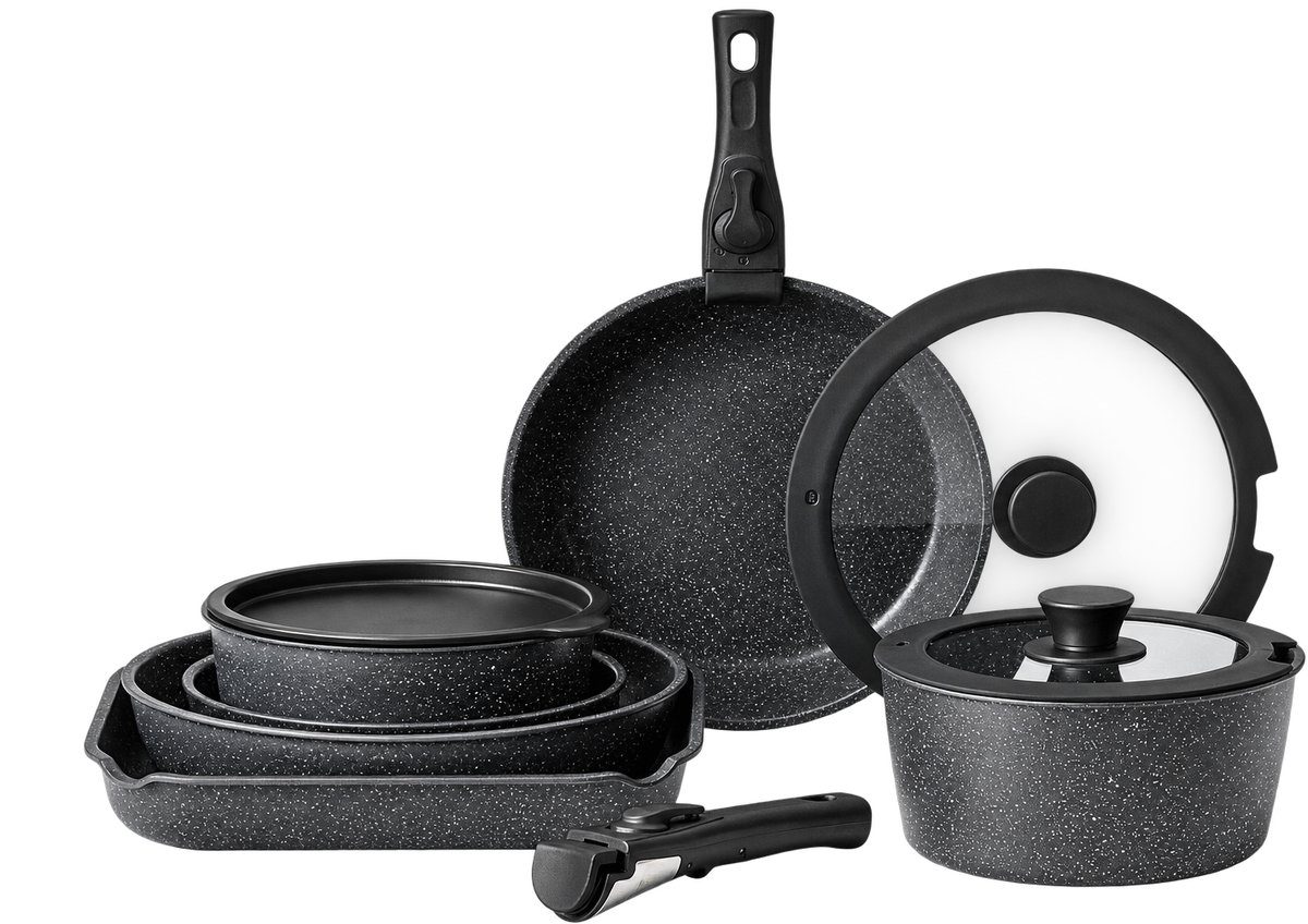 Sello! 17-delige pannenset – granieten antiaanbaklaag – inductie – gas – elektrisch – 2,5mm dik aluminium – glazen deksels
